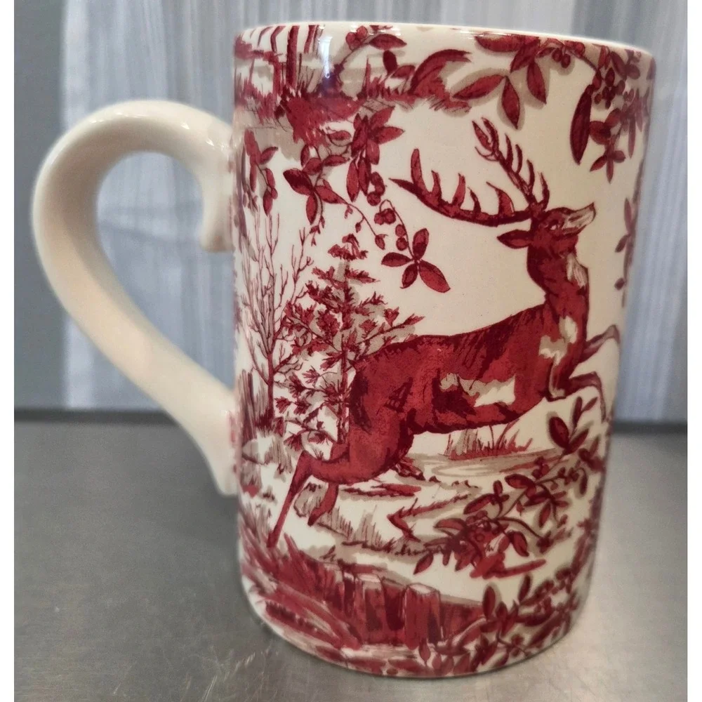 Pottery Barn Deer Woodland Scene Coffee Mug Stag Cabin Nature Lodge Decor Rare